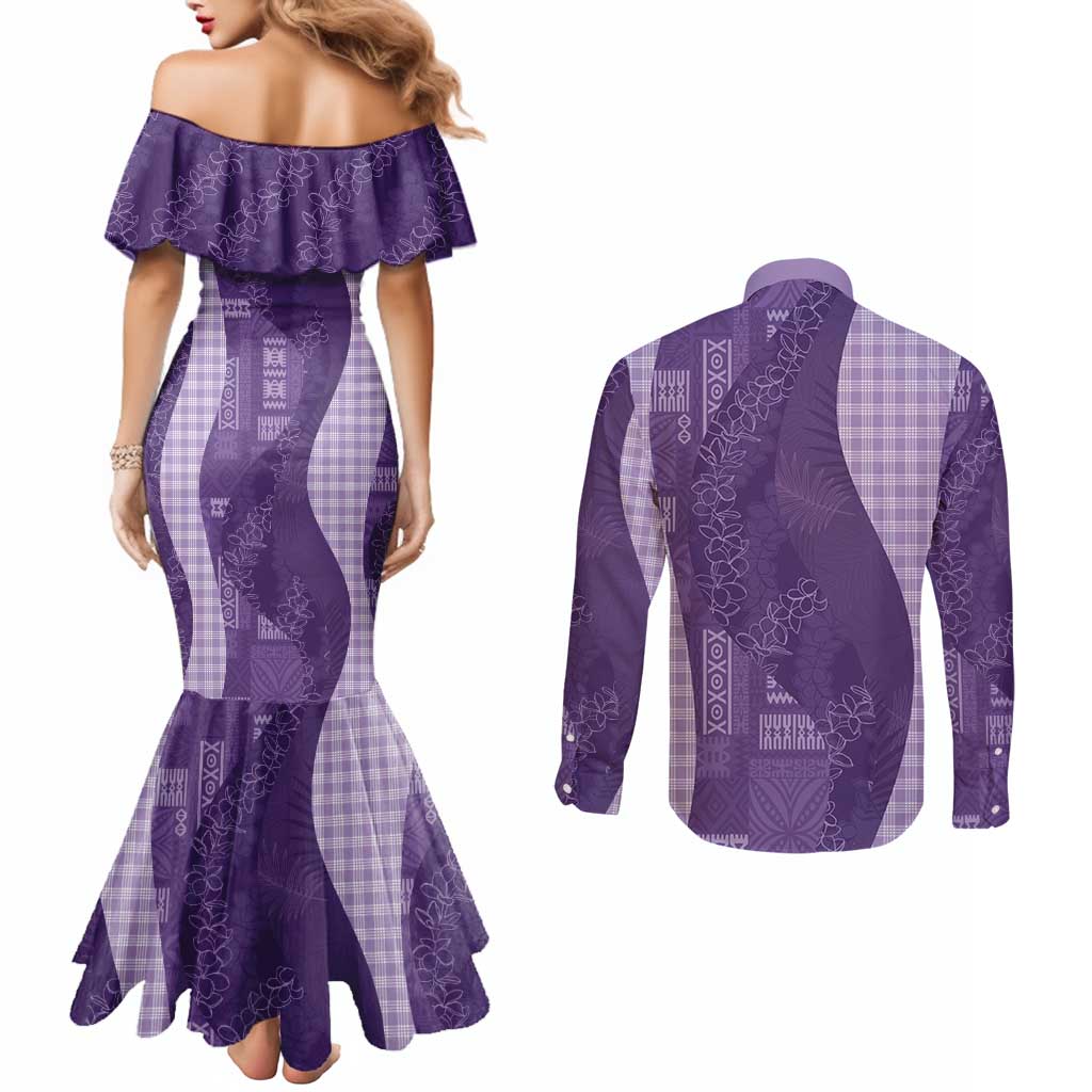 Polynesian Tribal Pattern Patchwork Picturesque Couples Matching Mermaid Dress and Long Sleeve Button Shirt Deep Violet