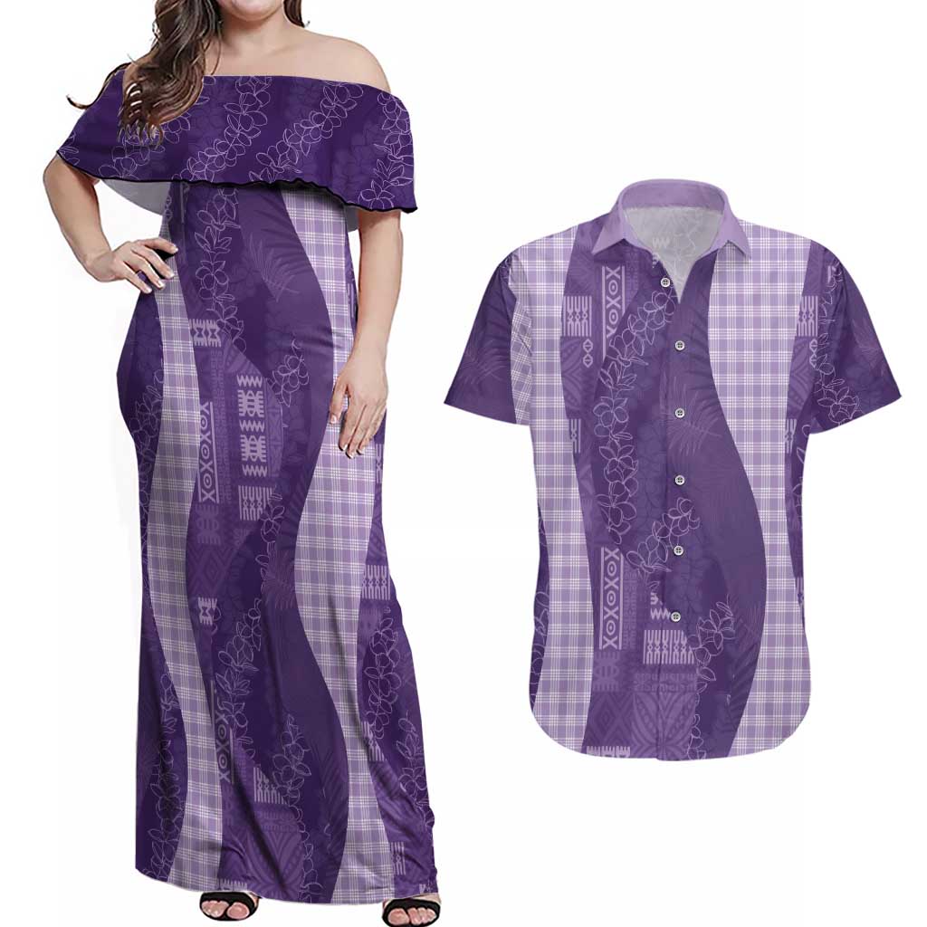 Polynesian Tribal Pattern Patchwork Picturesque Couples Matching Off Shoulder Maxi Dress and Hawaiian Shirt Deep Violet