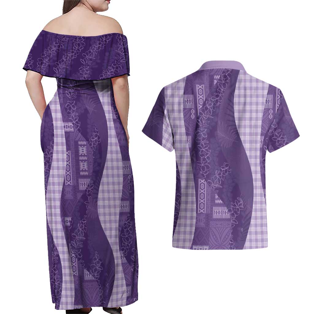 Polynesian Tribal Pattern Patchwork Picturesque Couples Matching Off Shoulder Maxi Dress and Hawaiian Shirt Deep Violet