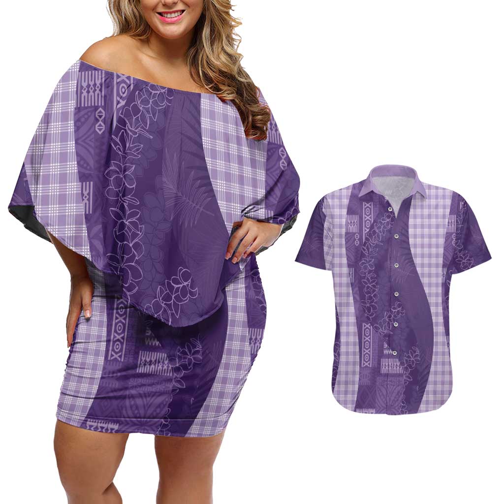 Polynesian Tribal Pattern Patchwork Picturesque Couples Matching Off Shoulder Short Dress and Hawaiian Shirt Deep Violet