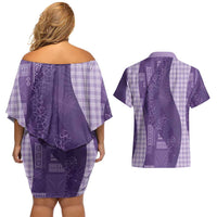 Polynesian Tribal Pattern Patchwork Picturesque Couples Matching Off Shoulder Short Dress and Hawaiian Shirt Deep Violet
