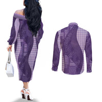 Polynesian Tribal Pattern Patchwork Picturesque Couples Matching Off The Shoulder Long Sleeve Dress and Long Sleeve Button Shirt Deep Violet
