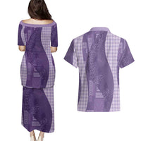 Polynesian Tribal Pattern Patchwork Picturesque Couples Matching Puletasi and Hawaiian Shirt Deep Violet