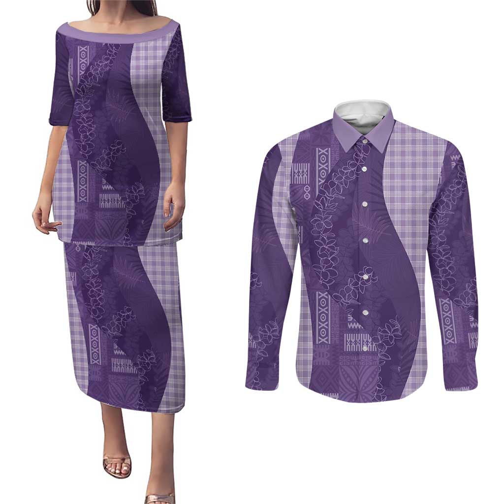 Polynesian Tribal Pattern Patchwork Picturesque Couples Matching Puletasi and Long Sleeve Button Shirt Deep Violet
