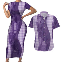 Polynesian Tribal Pattern Patchwork Picturesque Couples Matching Short Sleeve Bodycon Dress and Hawaiian Shirt Deep Violet
