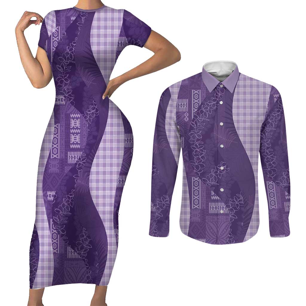 Polynesian Tribal Pattern Patchwork Picturesque Couples Matching Short Sleeve Bodycon Dress and Long Sleeve Button Shirt Deep Violet