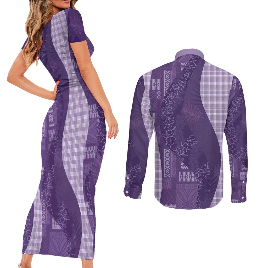 Polynesian Tribal Pattern Patchwork Picturesque Couples Matching Short Sleeve Bodycon Dress and Long Sleeve Button Shirt Deep Violet