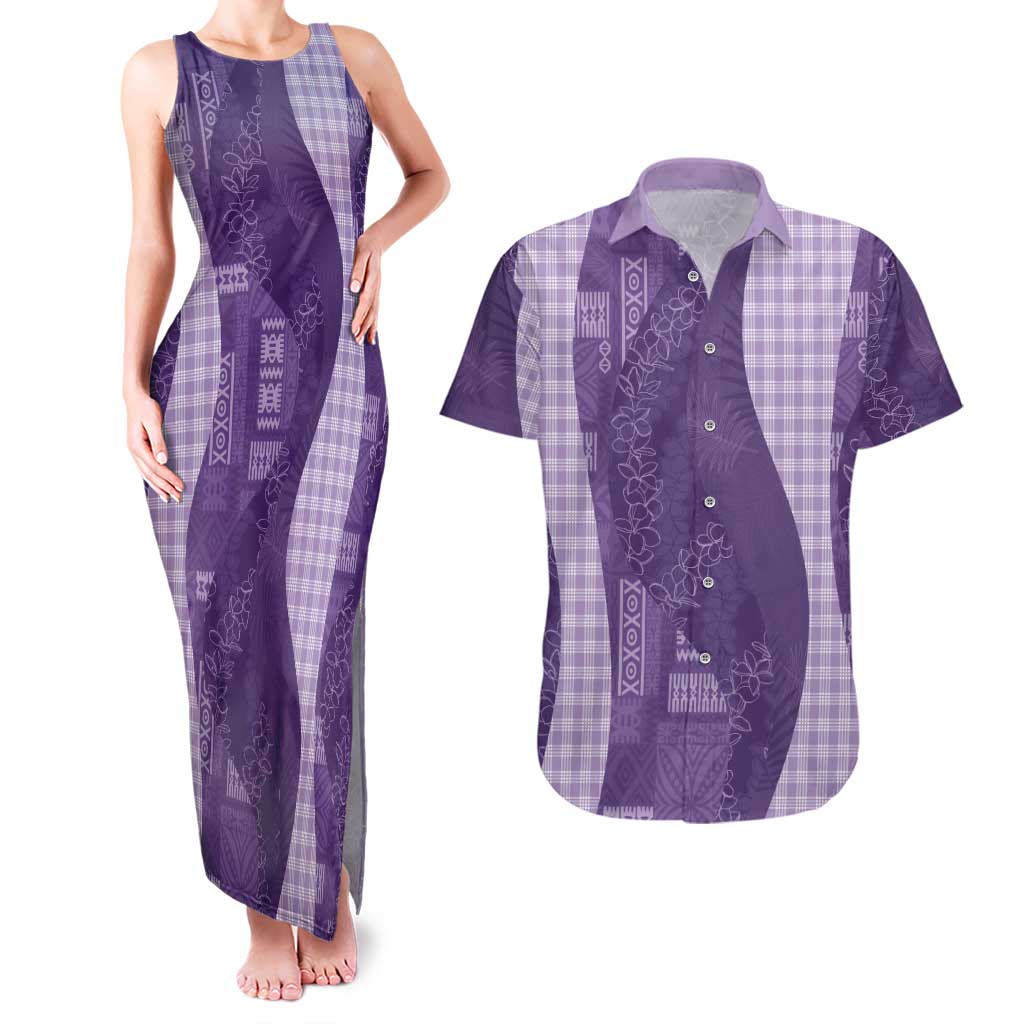 Polynesian Tribal Pattern Patchwork Picturesque Couples Matching Tank Maxi Dress and Hawaiian Shirt Deep Violet