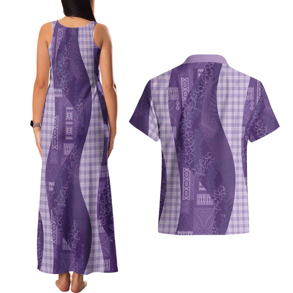 Polynesian Tribal Pattern Patchwork Picturesque Couples Matching Tank Maxi Dress and Hawaiian Shirt Deep Violet