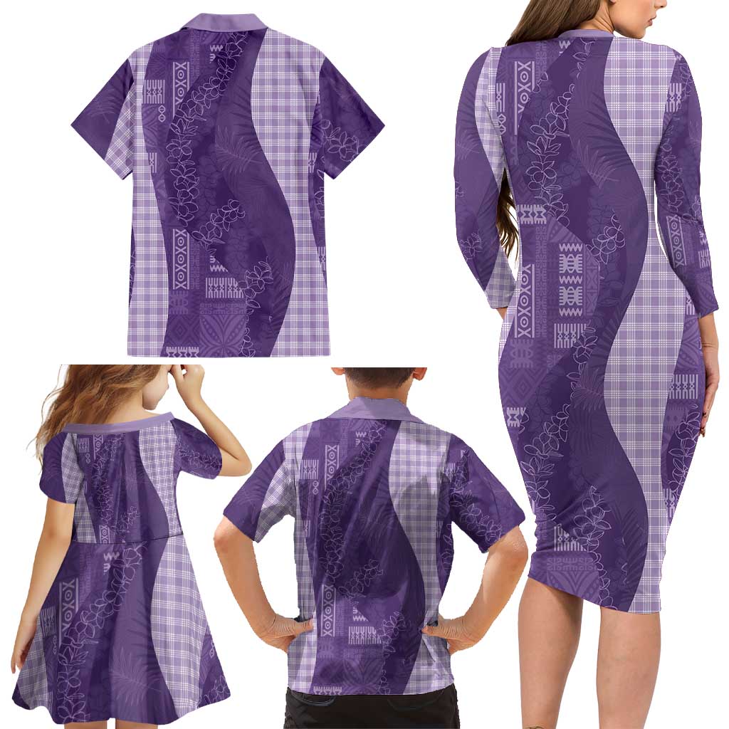 Polynesian Tribal Pattern Patchwork Picturesque Family Matching Long Sleeve Bodycon Dress and Hawaiian Shirt Deep Violet