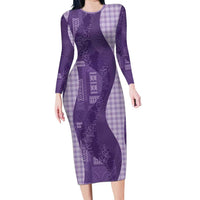 Polynesian Tribal Pattern Patchwork Picturesque Family Matching Long Sleeve Bodycon Dress and Hawaiian Shirt Deep Violet