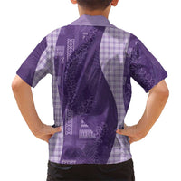 Polynesian Tribal Pattern Patchwork Picturesque Family Matching Off The Shoulder Long Sleeve Dress and Hawaiian Shirt Deep Violet