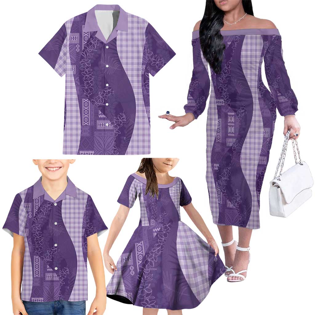 Polynesian Tribal Pattern Patchwork Picturesque Family Matching Off The Shoulder Long Sleeve Dress and Hawaiian Shirt Deep Violet