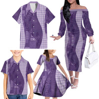 Polynesian Tribal Pattern Patchwork Picturesque Family Matching Off The Shoulder Long Sleeve Dress and Hawaiian Shirt Deep Violet