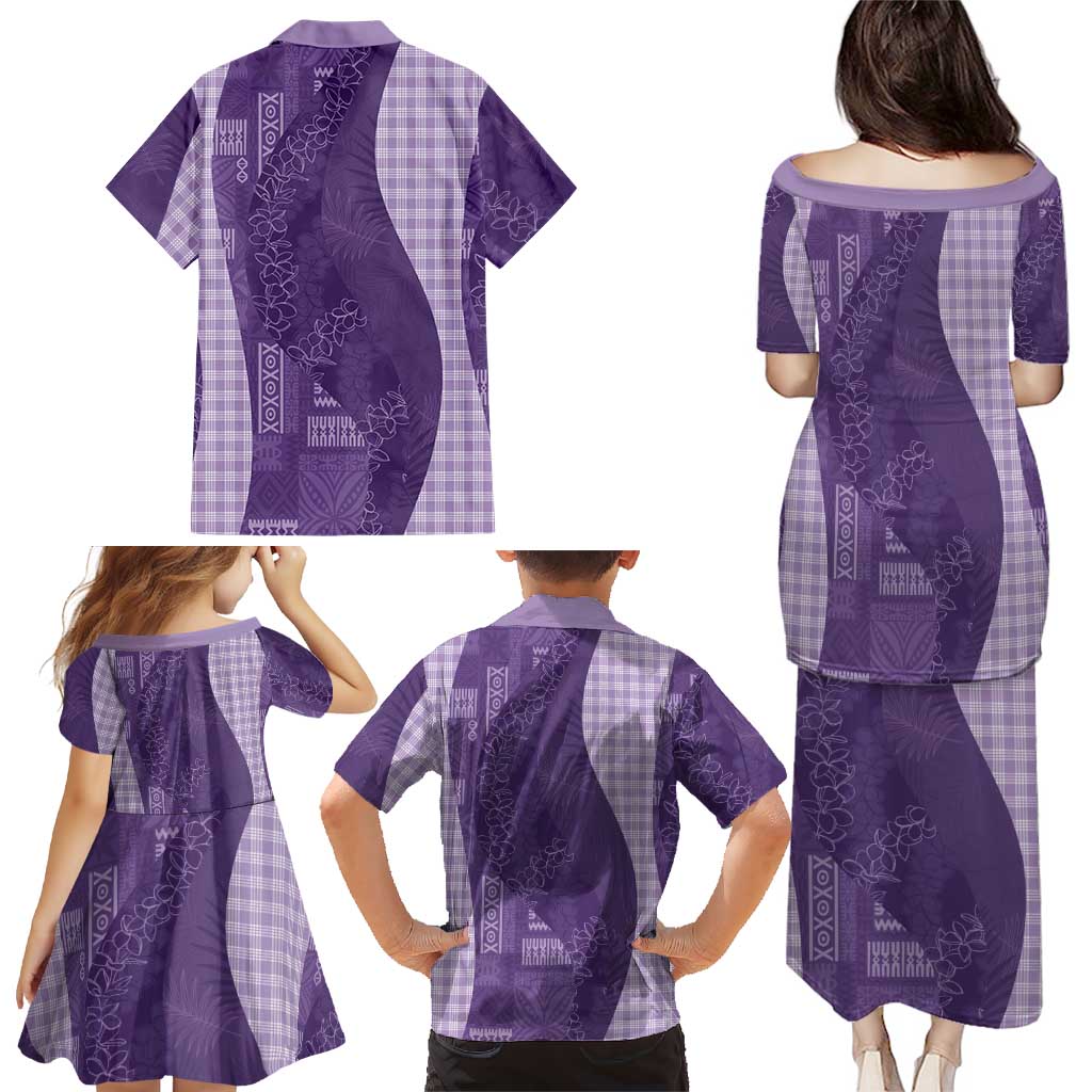 Polynesian Tribal Pattern Patchwork Picturesque Family Matching Puletasi and Hawaiian Shirt Deep Violet