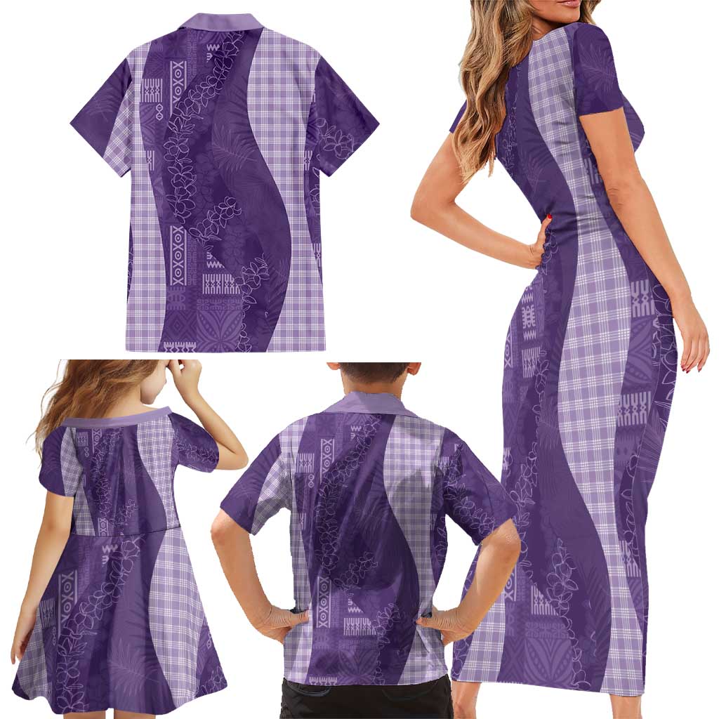 Polynesian Tribal Pattern Patchwork Picturesque Family Matching Short Sleeve Bodycon Dress and Hawaiian Shirt Deep Violet