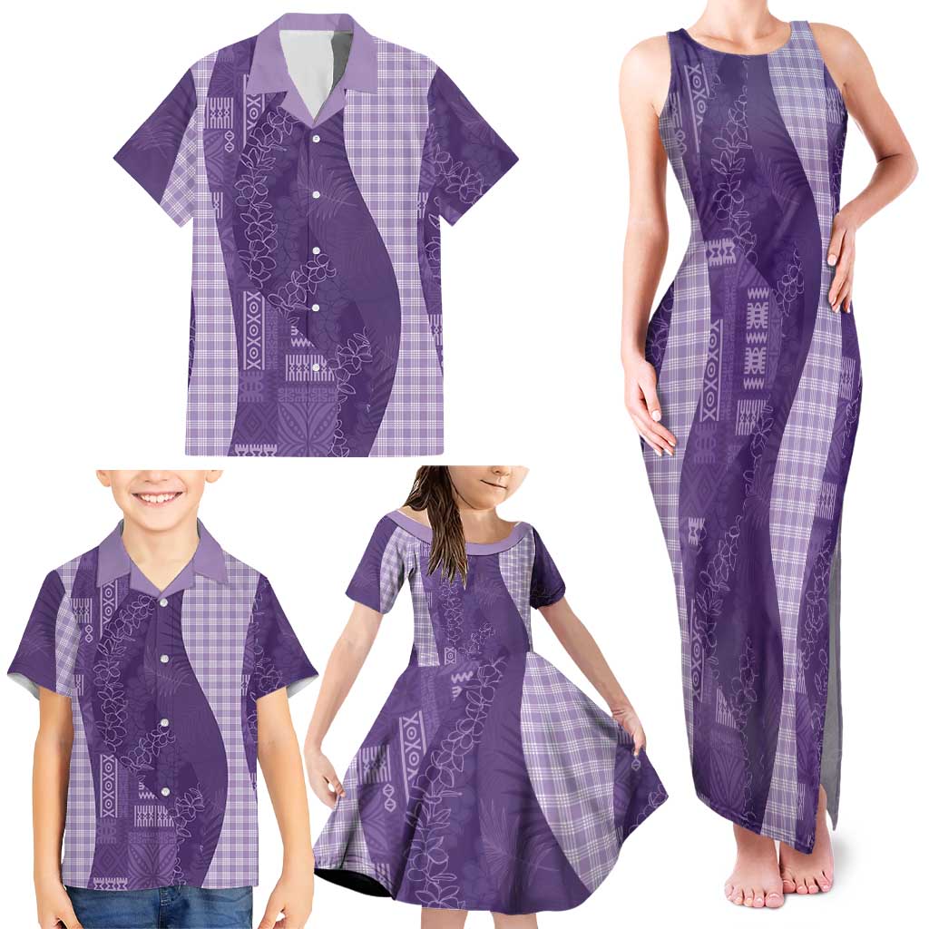 Polynesian Tribal Pattern Patchwork Picturesque Family Matching Tank Maxi Dress and Hawaiian Shirt Deep Violet