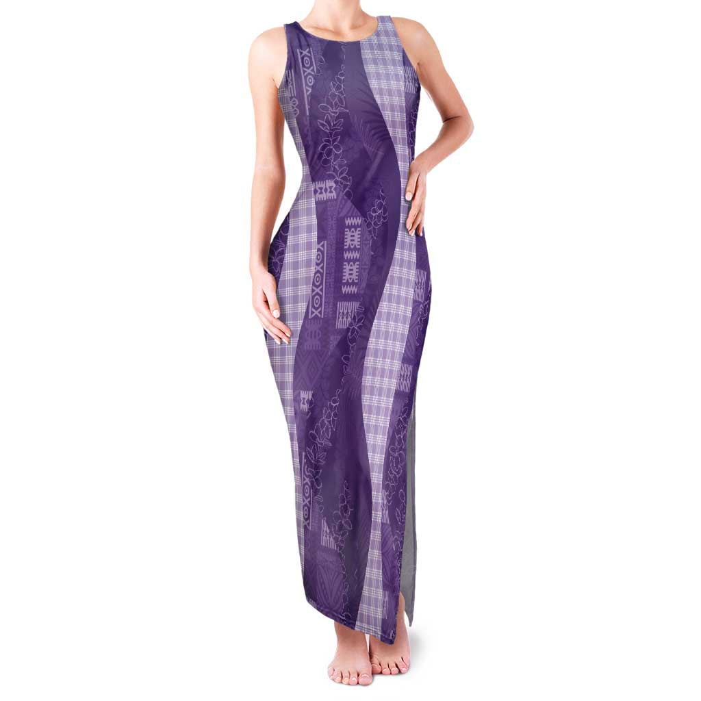 Polynesian Tribal Pattern Patchwork Picturesque Family Matching Tank Maxi Dress and Hawaiian Shirt Deep Violet