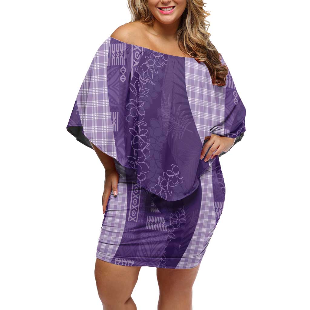 Polynesian Tribal Pattern Patchwork Picturesque Off Shoulder Short Dress Deep Violet