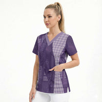 Polynesian Tribal Pattern Patchwork Picturesque Scrub Top Deep Violet