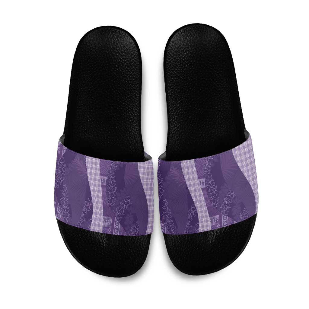 Polynesian Tribal Pattern Patchwork Picturesque Slide Sandals Deep Violet