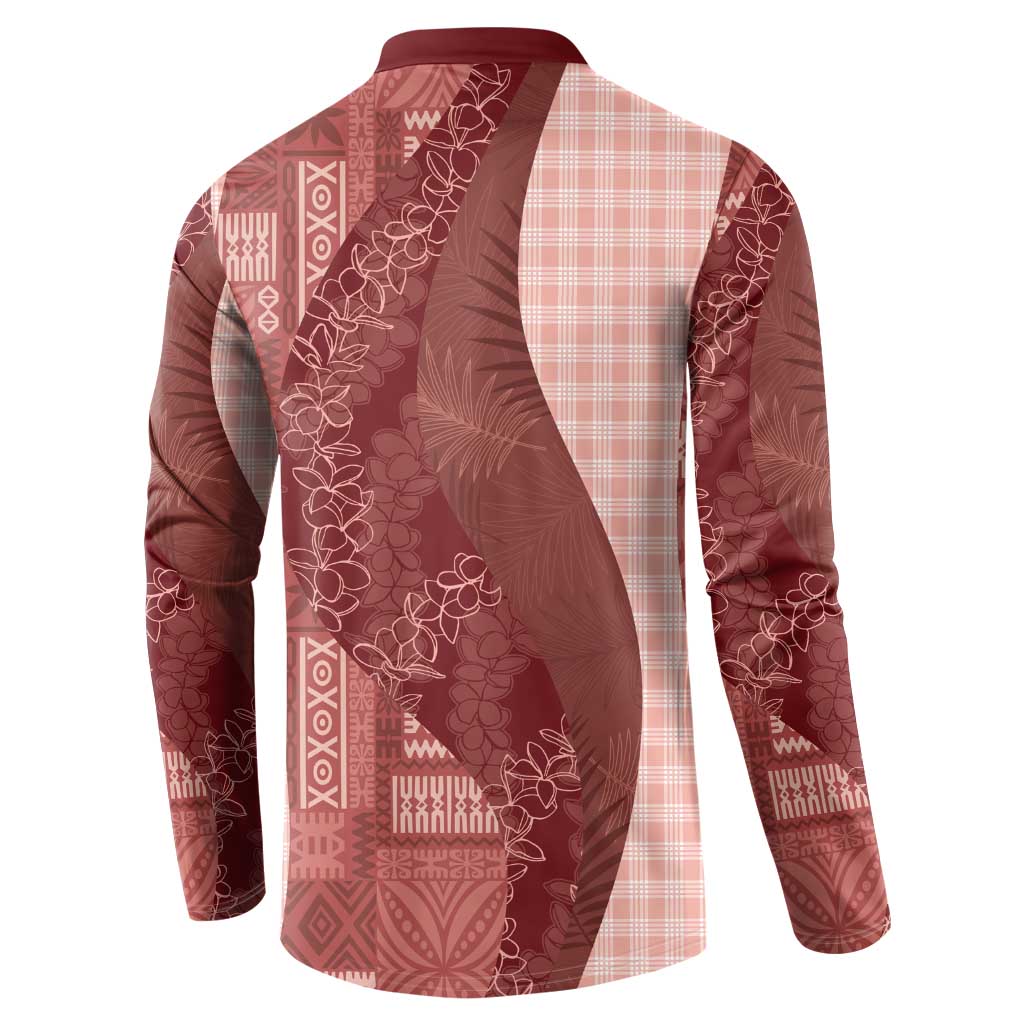 Polynesian Tribal Pattern Patchwork Picturesque Button Sweatshirt Crimson