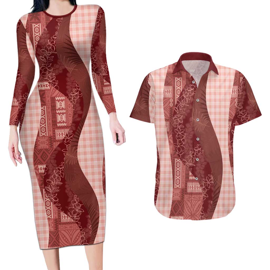 Polynesian Tribal Pattern Patchwork Picturesque Couples Matching Long Sleeve Bodycon Dress and Hawaiian Shirt Crimson