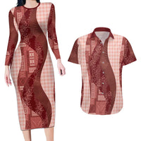 Polynesian Tribal Pattern Patchwork Picturesque Couples Matching Long Sleeve Bodycon Dress and Hawaiian Shirt Crimson