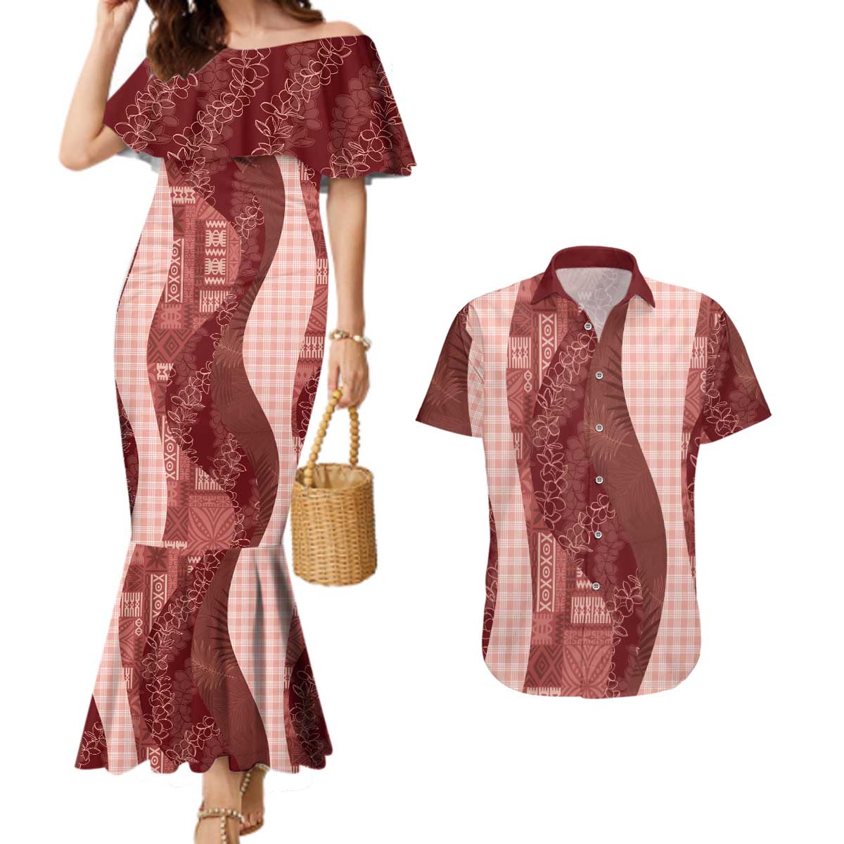 Polynesian Tribal Pattern Patchwork Picturesque Couples Matching Mermaid Dress and Hawaiian Shirt Crimson