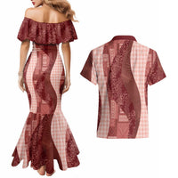 Polynesian Tribal Pattern Patchwork Picturesque Couples Matching Mermaid Dress and Hawaiian Shirt Crimson