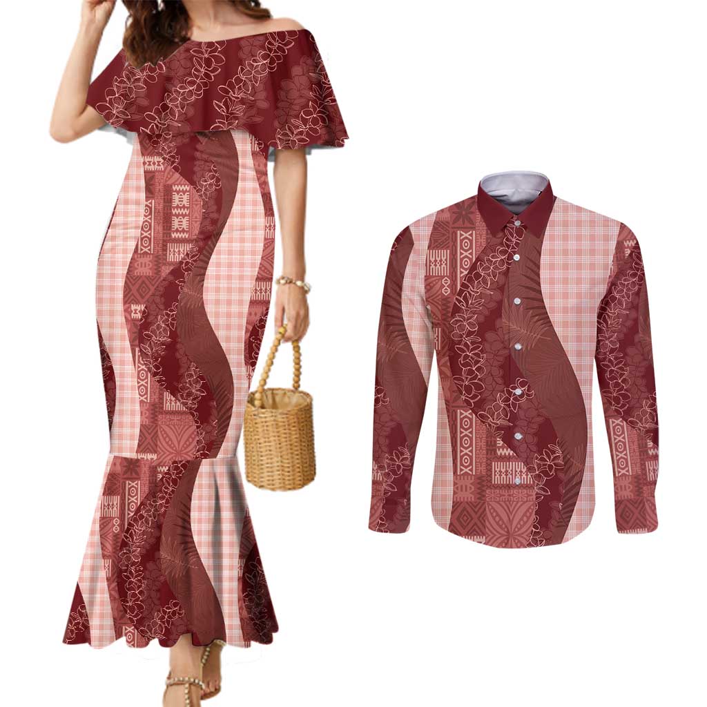 Polynesian Tribal Pattern Patchwork Picturesque Couples Matching Mermaid Dress and Long Sleeve Button Shirt Crimson