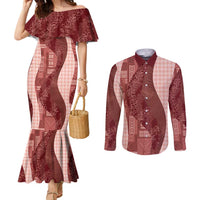 Polynesian Tribal Pattern Patchwork Picturesque Couples Matching Mermaid Dress and Long Sleeve Button Shirt Crimson