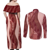 Polynesian Tribal Pattern Patchwork Picturesque Couples Matching Off Shoulder Maxi Dress and Long Sleeve Button Shirt Crimson