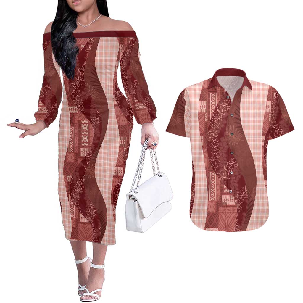 Polynesian Tribal Pattern Patchwork Picturesque Couples Matching Off The Shoulder Long Sleeve Dress and Hawaiian Shirt Crimson