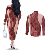 Polynesian Tribal Pattern Patchwork Picturesque Couples Matching Off The Shoulder Long Sleeve Dress and Long Sleeve Button Shirt Crimson