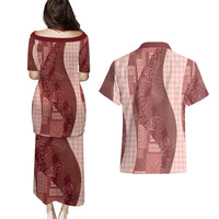 Polynesian Tribal Pattern Patchwork Picturesque Couples Matching Puletasi and Hawaiian Shirt Crimson