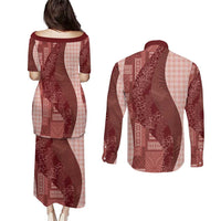 Polynesian Tribal Pattern Patchwork Picturesque Couples Matching Puletasi and Long Sleeve Button Shirt Crimson