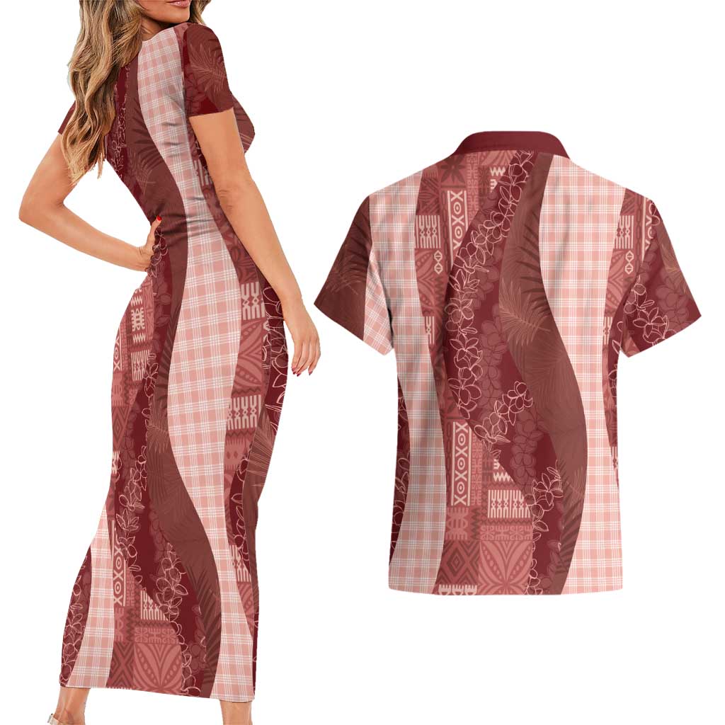 Polynesian Tribal Pattern Patchwork Picturesque Couples Matching Short Sleeve Bodycon Dress and Hawaiian Shirt Crimson