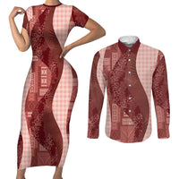 Polynesian Tribal Pattern Patchwork Picturesque Couples Matching Short Sleeve Bodycon Dress and Long Sleeve Button Shirt Crimson