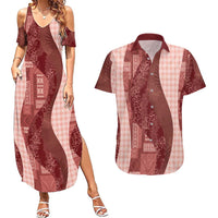 Polynesian Tribal Pattern Patchwork Picturesque Couples Matching Summer Maxi Dress and Hawaiian Shirt Crimson