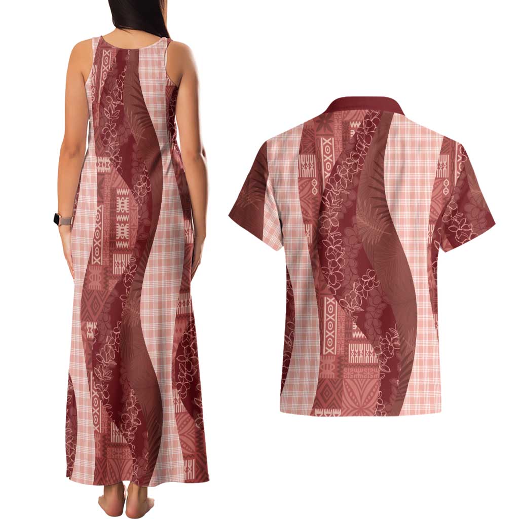 Polynesian Tribal Pattern Patchwork Picturesque Couples Matching Tank Maxi Dress and Hawaiian Shirt Crimson