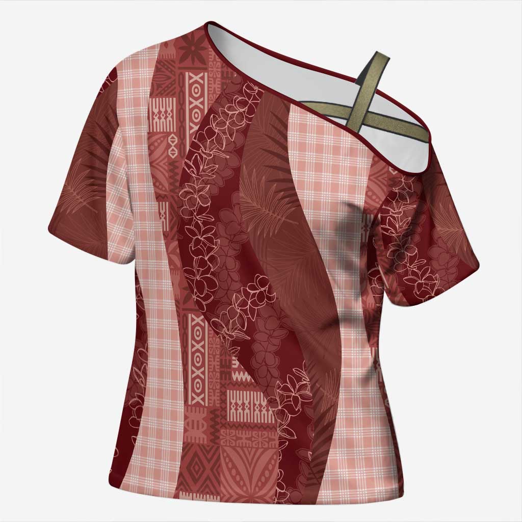 Polynesian Tribal Pattern Patchwork Picturesque Cross Shoulder Shirt Crimson