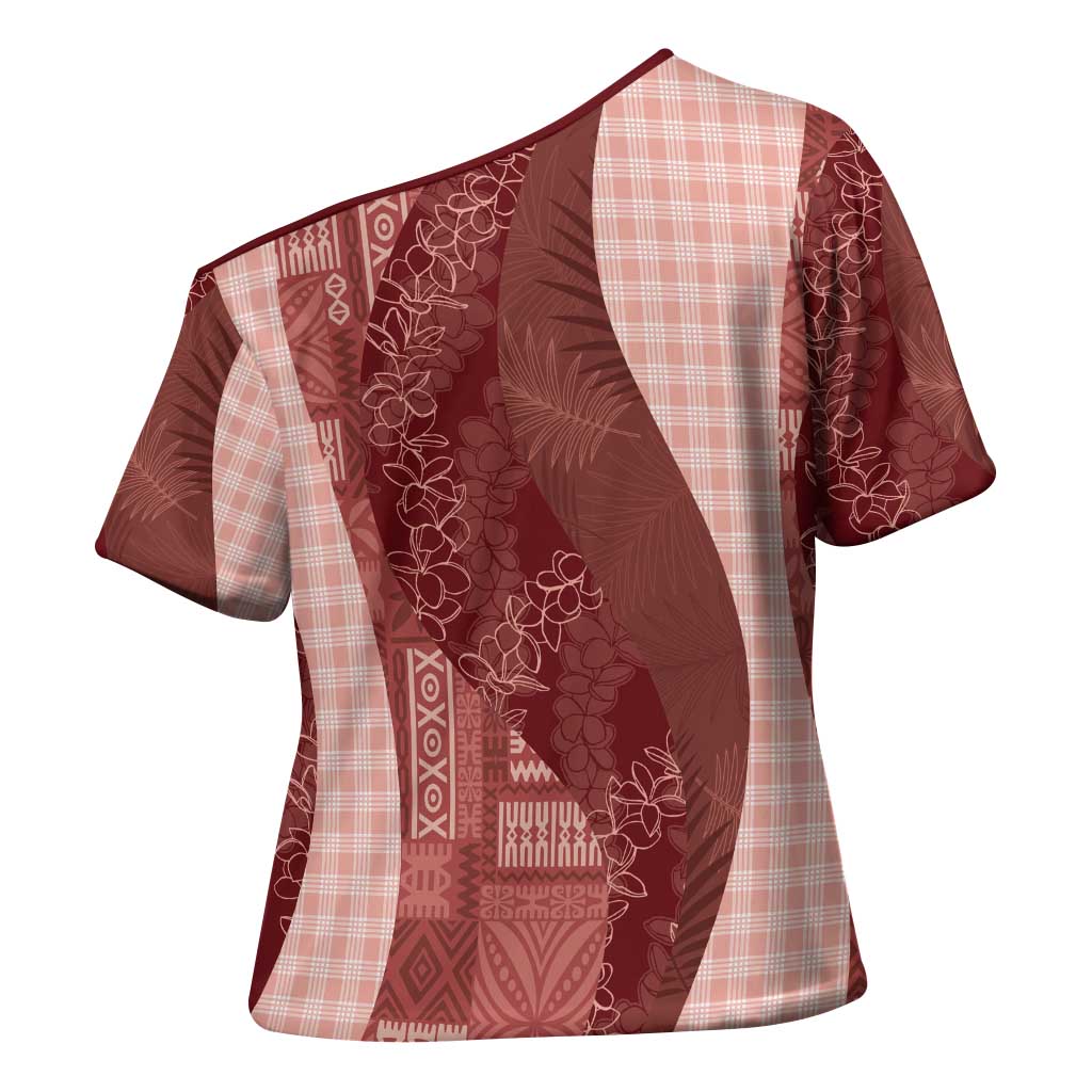 Polynesian Tribal Pattern Patchwork Picturesque Cross Shoulder Shirt Crimson