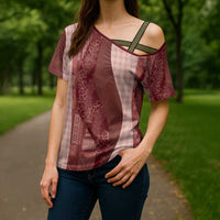 Polynesian Tribal Pattern Patchwork Picturesque Cross Shoulder Shirt Crimson