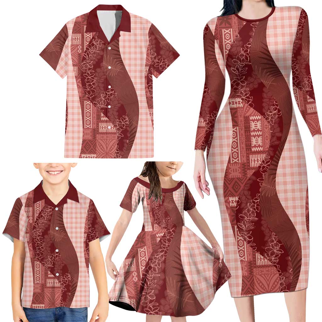 Polynesian Tribal Pattern Patchwork Picturesque Family Matching Long Sleeve Bodycon Dress and Hawaiian Shirt Crimson LT7 - Polynesian Pride