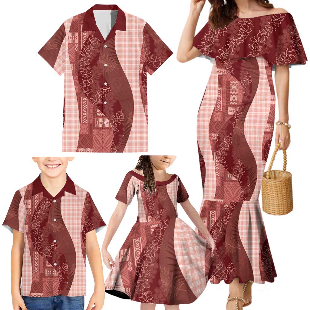 Polynesian Tribal Pattern Patchwork Picturesque Family Matching Mermaid Dress and Hawaiian Shirt Crimson