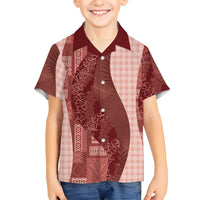 Polynesian Tribal Pattern Patchwork Picturesque Family Matching Off The Shoulder Long Sleeve Dress and Hawaiian Shirt Crimson