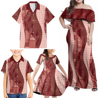 Polynesian Tribal Pattern Patchwork Picturesque Family Matching Off Shoulder Maxi Dress and Hawaiian Shirt Crimson