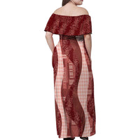 Polynesian Tribal Pattern Patchwork Picturesque Family Matching Off Shoulder Maxi Dress and Hawaiian Shirt Crimson