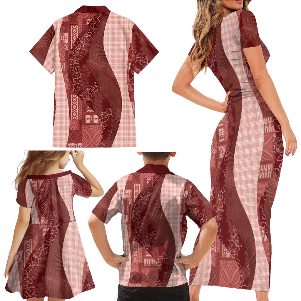 Polynesian Tribal Pattern Patchwork Picturesque Family Matching Short Sleeve Bodycon Dress and Hawaiian Shirt Crimson